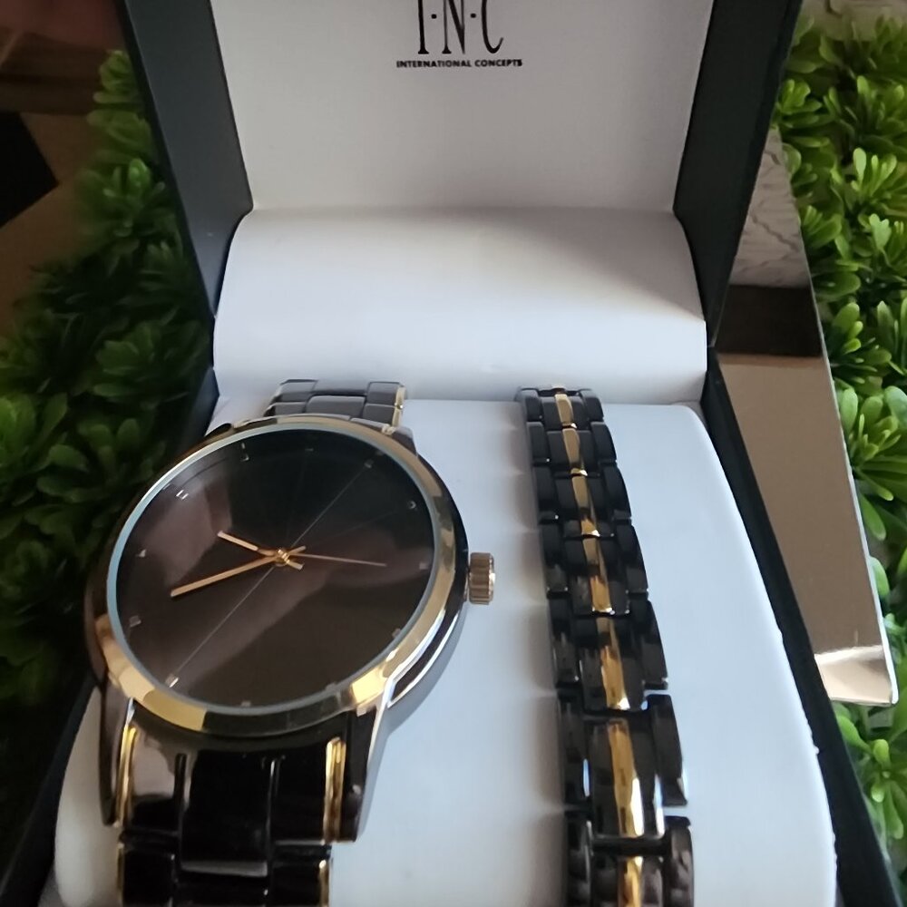 NWT INC Watch and Bracelet Set Black and Gold Toned